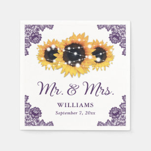 Purple Rustic Chic Lace Sunflower Wedding Napkins