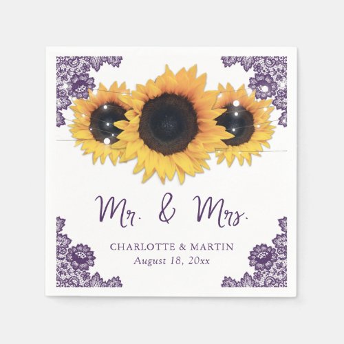 Purple Rustic Chic Lace Sunflower Wedding Napkins