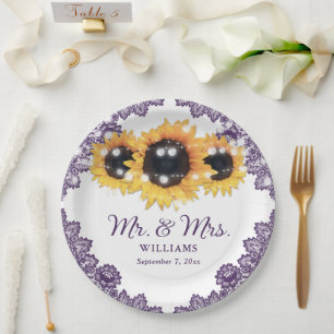 Purple Rustic Chic Lace Sunflower Wedding Paper Plates