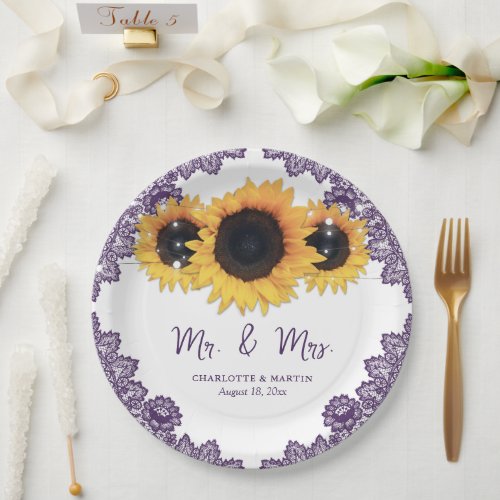 Purple Rustic Chic Lace Sunflower Wedding Paper Plates
