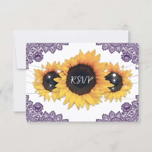 Purple Rustic Chic Lace Sunflower Wedding RSVP Card