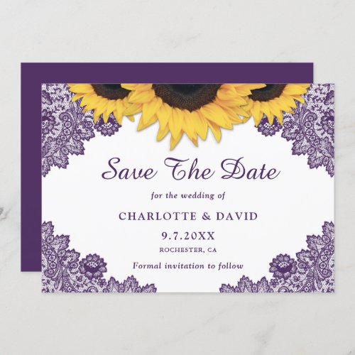 Purple Rustic Chic Sunflower Lace Wedding Save The Date