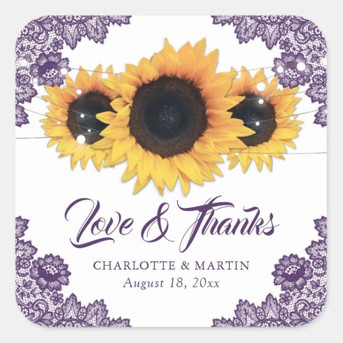 Purple Rustic Chic Sunflower Wedding Thank You Square Sticker