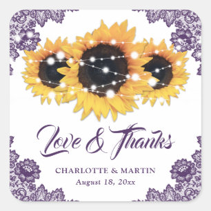 Purple Rustic Chic Sunflower Wedding Thank You Square Sticker