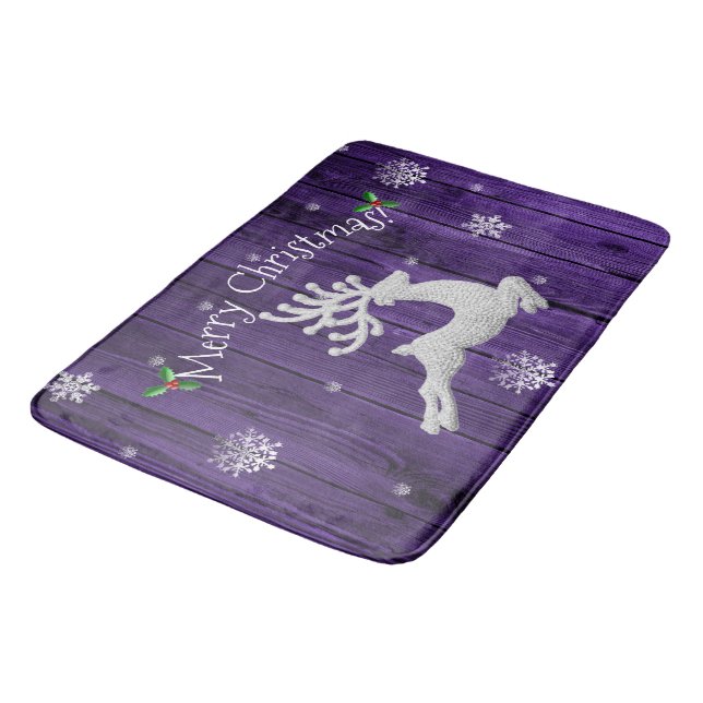Purple Rustic Christmas Reindeer Bath Mat (Angled)