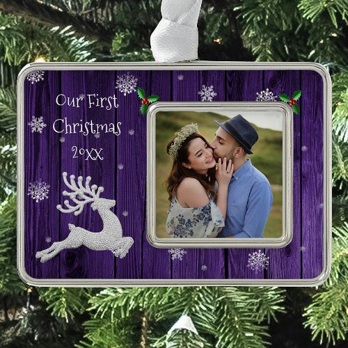 Purple Rustic Christmas Reindeer Framed First Christmas Ornament