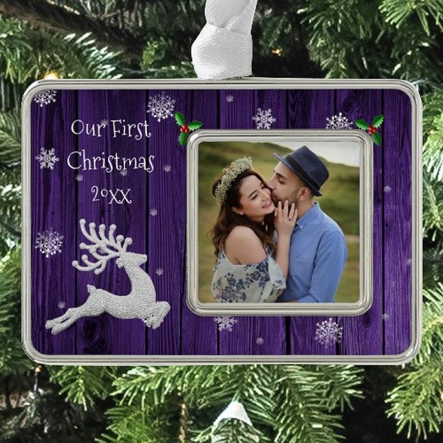 Purple Rustic Christmas Reindeer Framed First Ornament (Purple Rustic Christmas Reindeer Framed First Christmas Ornament)