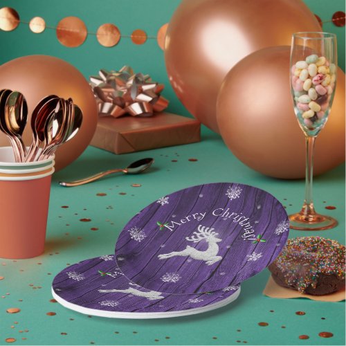 Purple Rustic Christmas Reindeer Paper Plate