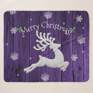 Purple Rustic Christmas Reindeer Sherpa Blanket