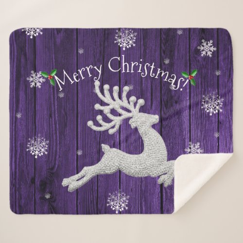 Purple Rustic Christmas Reindeer Sherpa Blanket