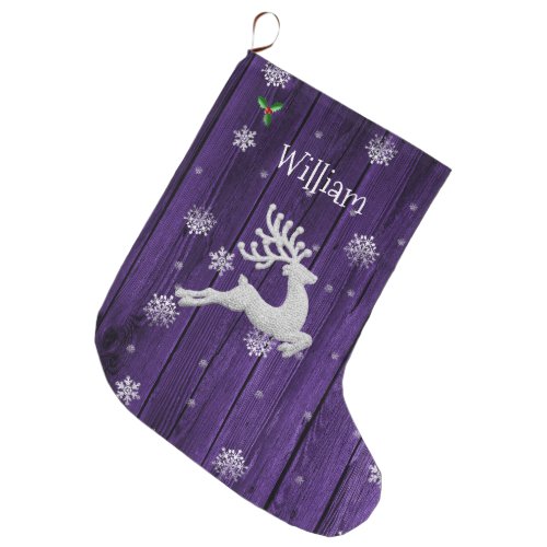 Purple Rustic Christmas Reindeer Stocking