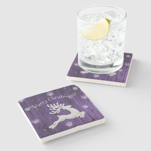 Purple Rustic Christmas Reindeer Stone Coaster