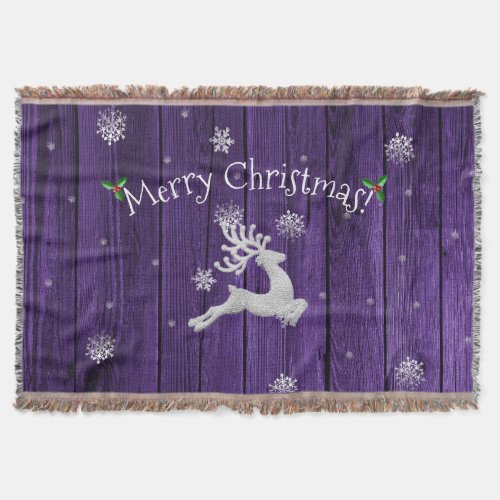 Purple Rustic Christmas Reindeer Throw Blanket