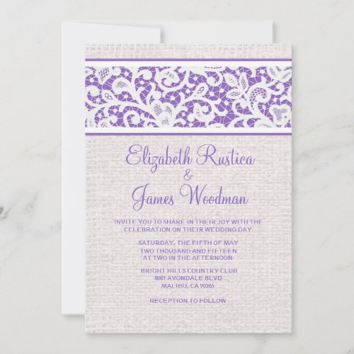 Purple Rustic Country Burlap Wedding Invitations