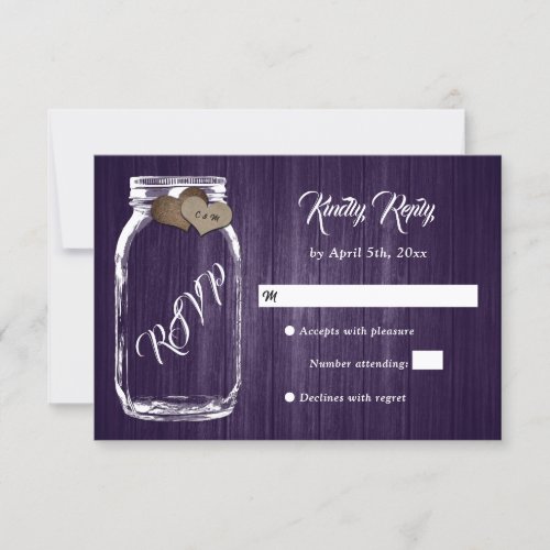 Purple Rustic Country Wood Heart Mason Jar Wedding RSVP Card