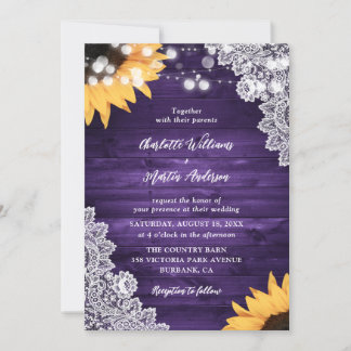 Purple Rustic Country Wood Lace Sunflower Wedding Invitation