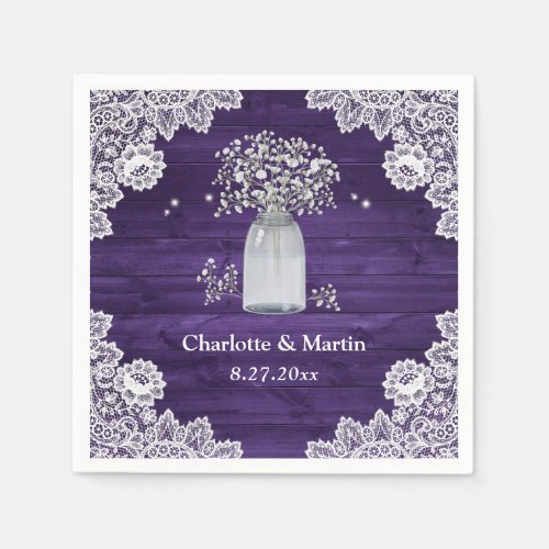 Purple Rustic Country Wood Lace Wedding Napkins