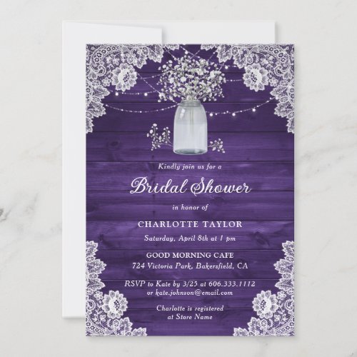 Purple Rustic Country Wood Mason Jar Bridal Shower Invitation