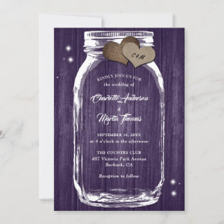 Purple Rustic Country Wood Mason Jar Wedding Invitation