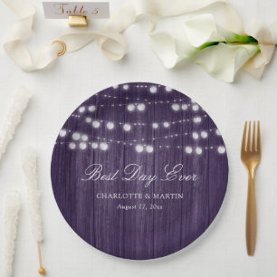 Purple Rustic Country Wood String Lights Wedding Paper Plates