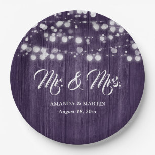 Purple Rustic Country Wood String Lights Wedding Paper Plates
