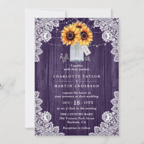 Purple Rustic Country Wood Sunflower Wedding Invitation