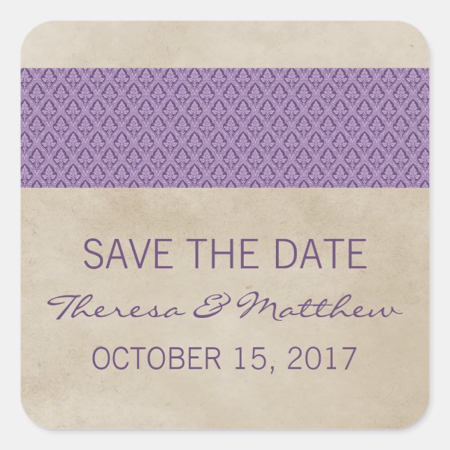 Purple Rustic Damask Save the Date Stickers (Front)