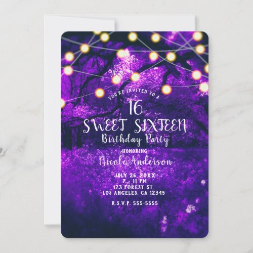 Purple Rustic Enchanted Forest Lights Sweet 16 Invitation