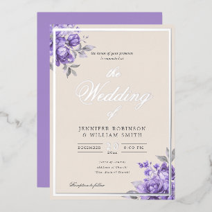 Purple Rustic Floral Elegant Script Wedding Foil Invitation