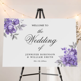 Purple Rustic Floral Elegant Wedding Welcome Foam Board