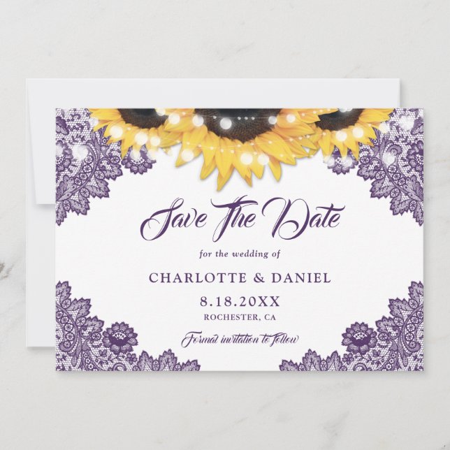 Purple Rustic Floral Lace Sunflower Wedding Save The Date (Front)