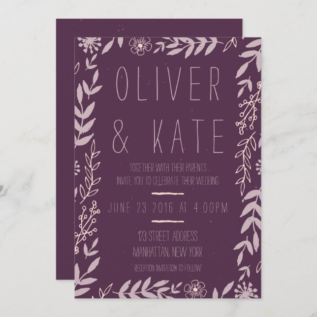 Purple Rustic Floral Wedding Invitation (Front/Back)