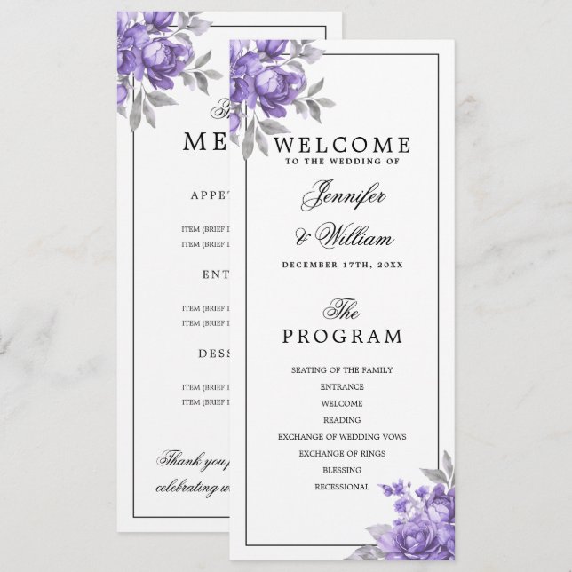 Purple Rustic Floral Wedding Program Menu (Front/Back)