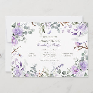 Purple rustic flowers birthday invitation