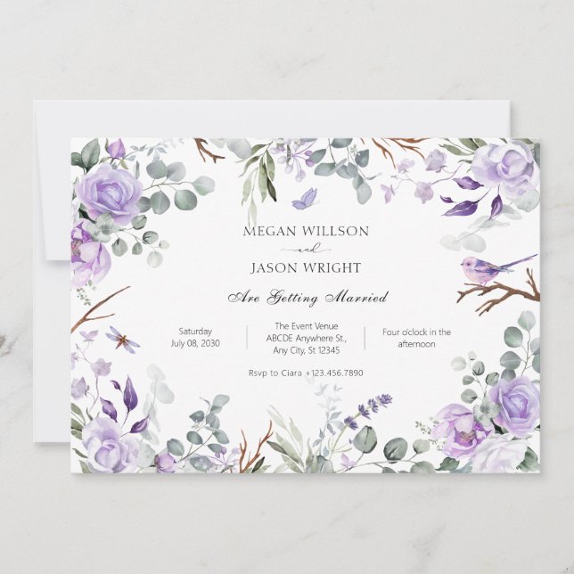 Purple rustic flowers wedding invitation (Front)