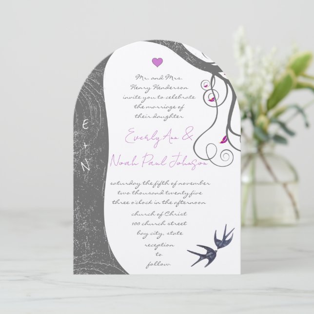 Purple Rustic Forest Love Bird Wedding Invitation (Standing Front)