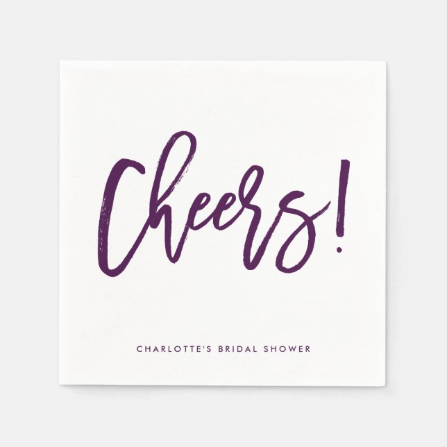 Purple Rustic Hand Lettering Cheers Wedding Napkins (Front)