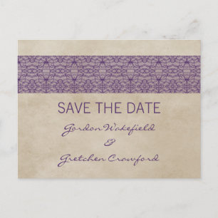 Purple Rustic Lace Save the Date Postcard