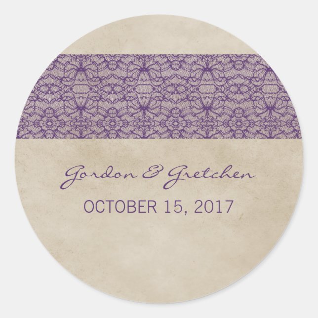 Purple Rustic Lace Wedding Stickers (Front)
