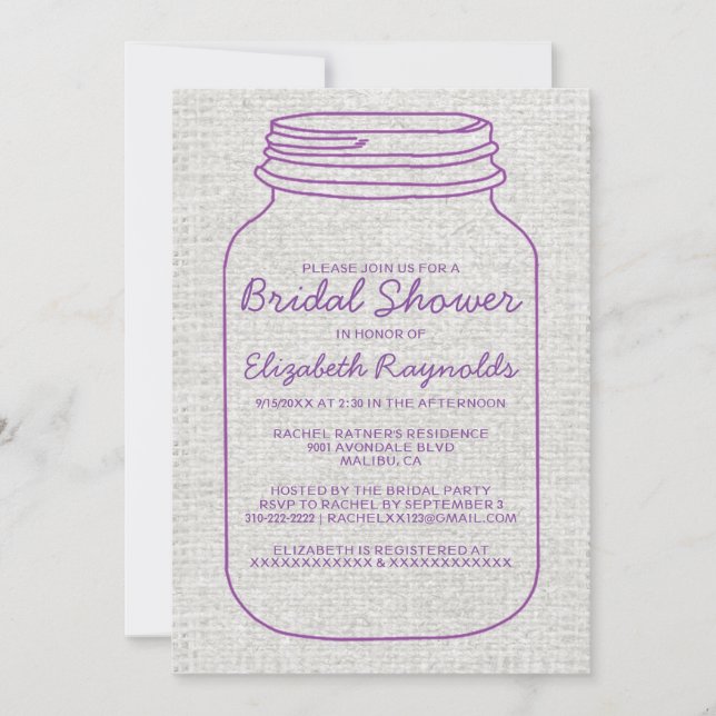 Purple Rustic Mason Jar Bridal Shower Invitations (Front)