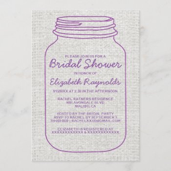 Purple Rustic Mason Jar Bridal Shower Invitations by topinvitations at Zazzle