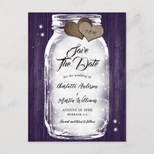 Purple Rustic Mason Jar String Lights Wood Wedding Announcement Postcard