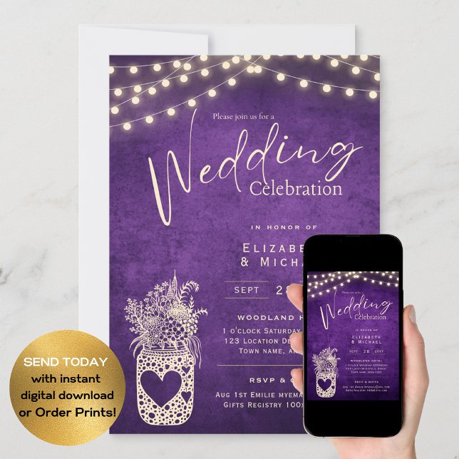 Purple Rustic Mason Jar Wedding DIGITAL and Print Invitation (Creator Uploaded)