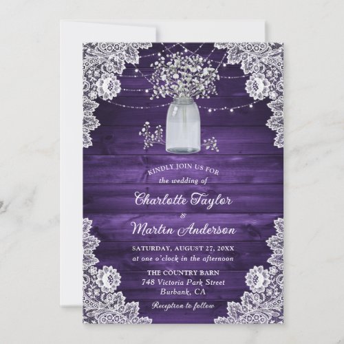 Purple Rustic Mason Jar Wood Lace Wedding Invitation