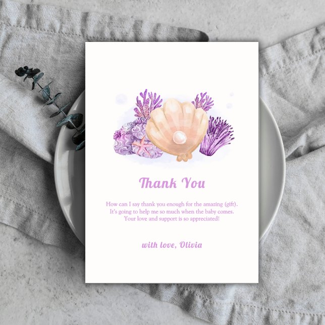 Purple Rustic Pearl Seashell Baby Shower   Thank You Card (Purple Rustic Pearl Seashell Baby Shower Thank You Card)
