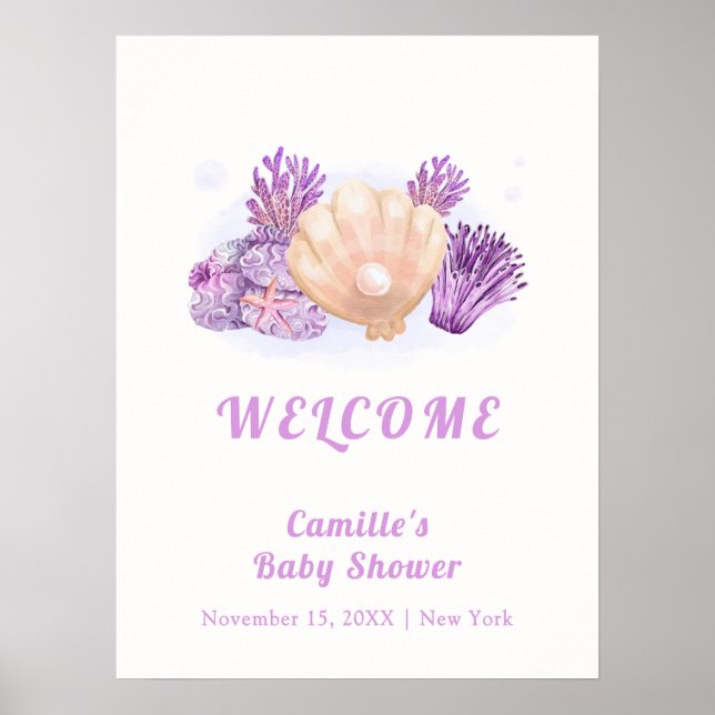 Purple Rustic Pearl Seashell Baby Shower Welcome  Poster (Front)
