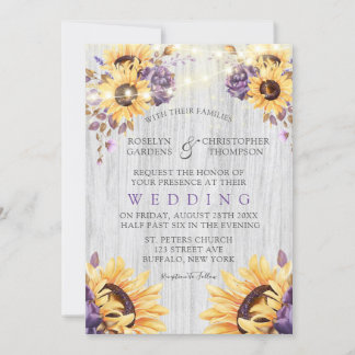 Purple Rustic Peony Sunflowers Wedding Invitation