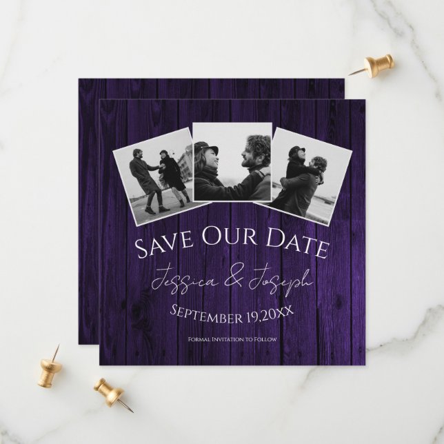 Purple Rustic Photo Collage Save The Date (Front/Back In Situ)
