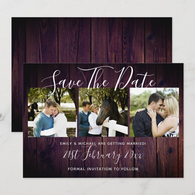 Purple Rustic PHOTO Collage Save The Date Wedding Invitation (Front/Back)
