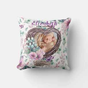 Purple Rustic Photo New Baby Birth Stats Floral Throw Pillow